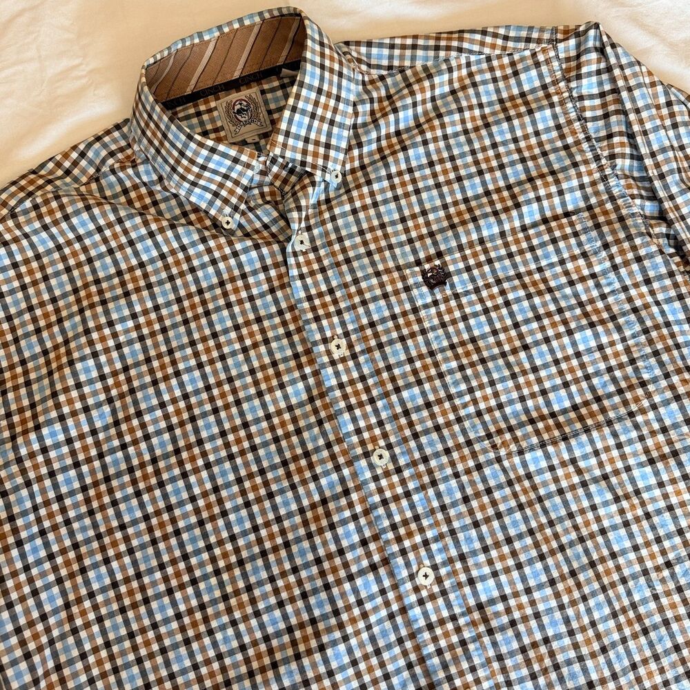 Cinch Mens Small Plaid Long Sleeve Button Down Western Shirt Brown Blue MTW